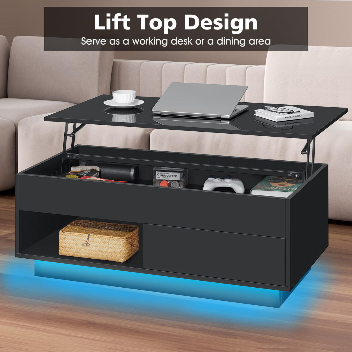 LED Coffee Table for Living Room Morden Coffee Tables with Lift Top High Gloss 4 Tiers WhiteTea Table with Storage Center Tables Sofa Hidden Compartment & 1 Open Shelve & 1 Drawer HOMMPA
