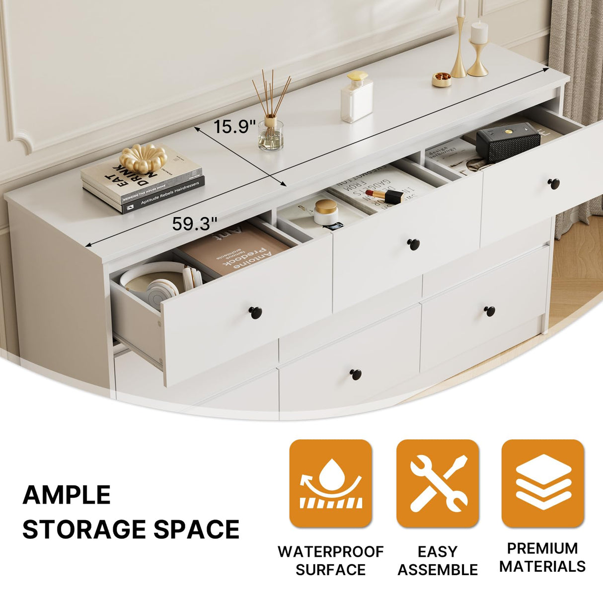 Tradare 9 Drawer Dresser for Bedroom, 59" Wide White Chest of Drawers, Wooden Dresser with 9 Drawers with Ample Storage, Modern Storage Organizer for Hallway,Nursery Tradare