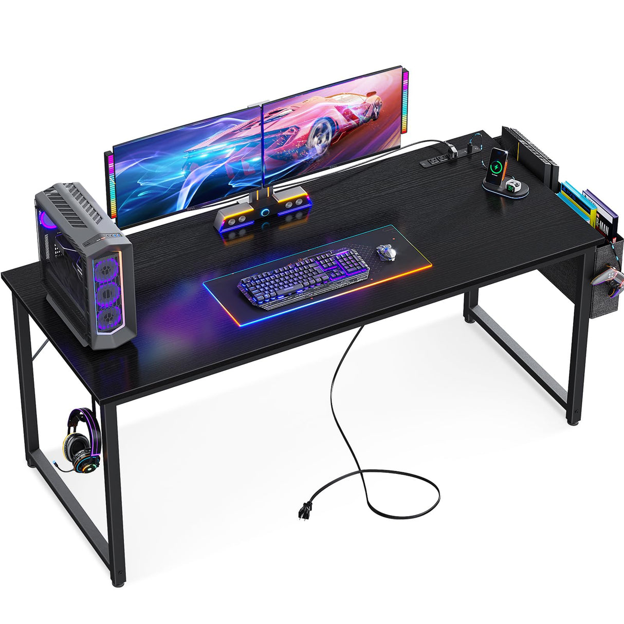 KKL Large Computer Desk with Power Outlets and USB Port Desk for Home Office Gaming Simple Modern Style Writing Desks with Storage Bag Headphone Hook, 63 inch, Black KKL