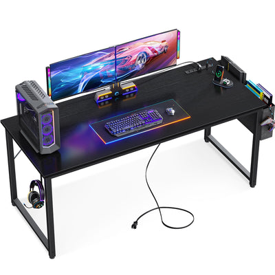 KKL Large Computer Desk with Power Outlets and USB Port Desk for Home Office Gaming Simple Modern Style Writing Desks with Storage Bag Headphone Hook, 63 inch, Black