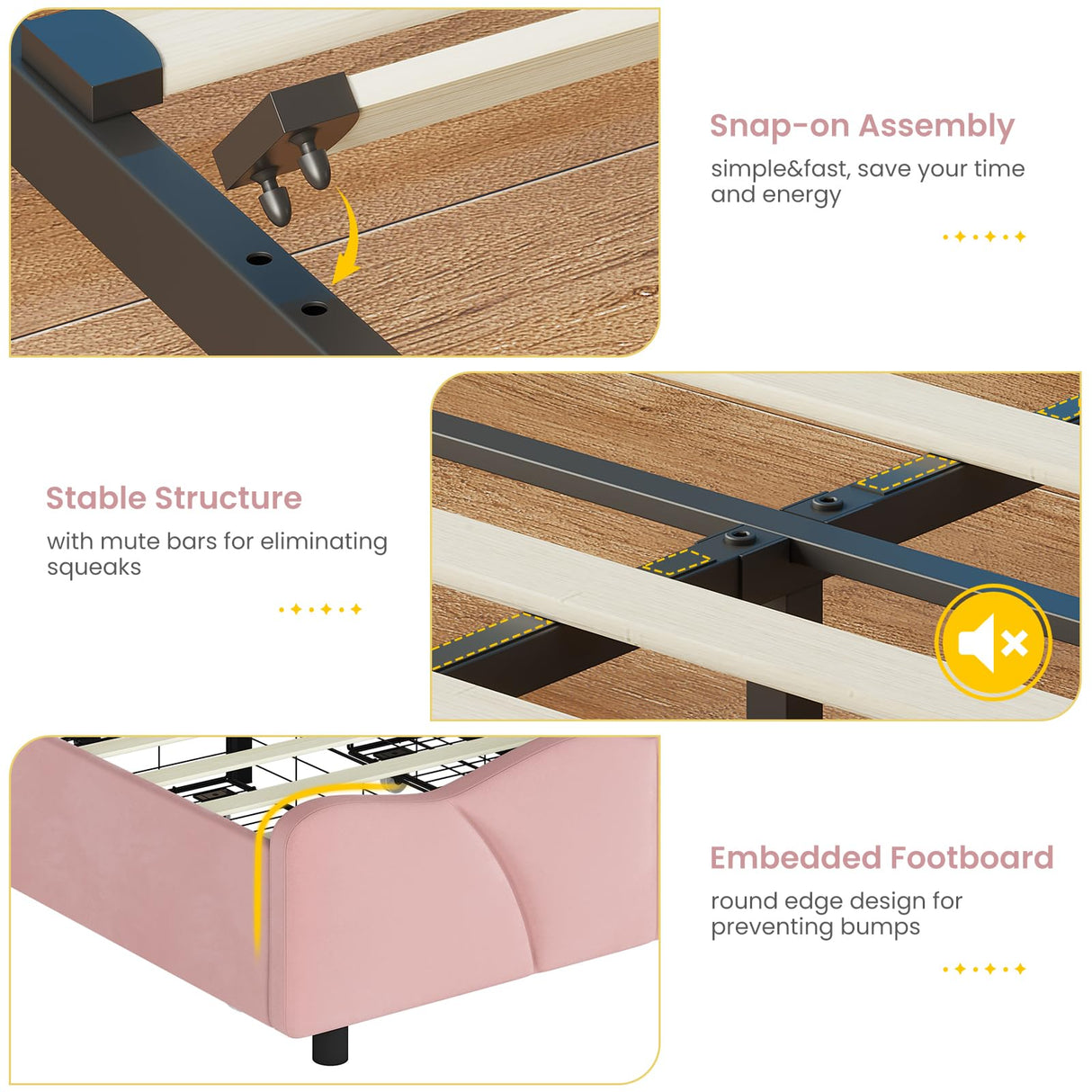 MSmask Twin Bed Frames with 4 Storage Drawers and LED Lights, Velvet Upholstered Platform Bed Frame with Height Adjustable Headboard, LED Bed Frame with Type C & USB, No Box Spring Needed, Pink MSmask