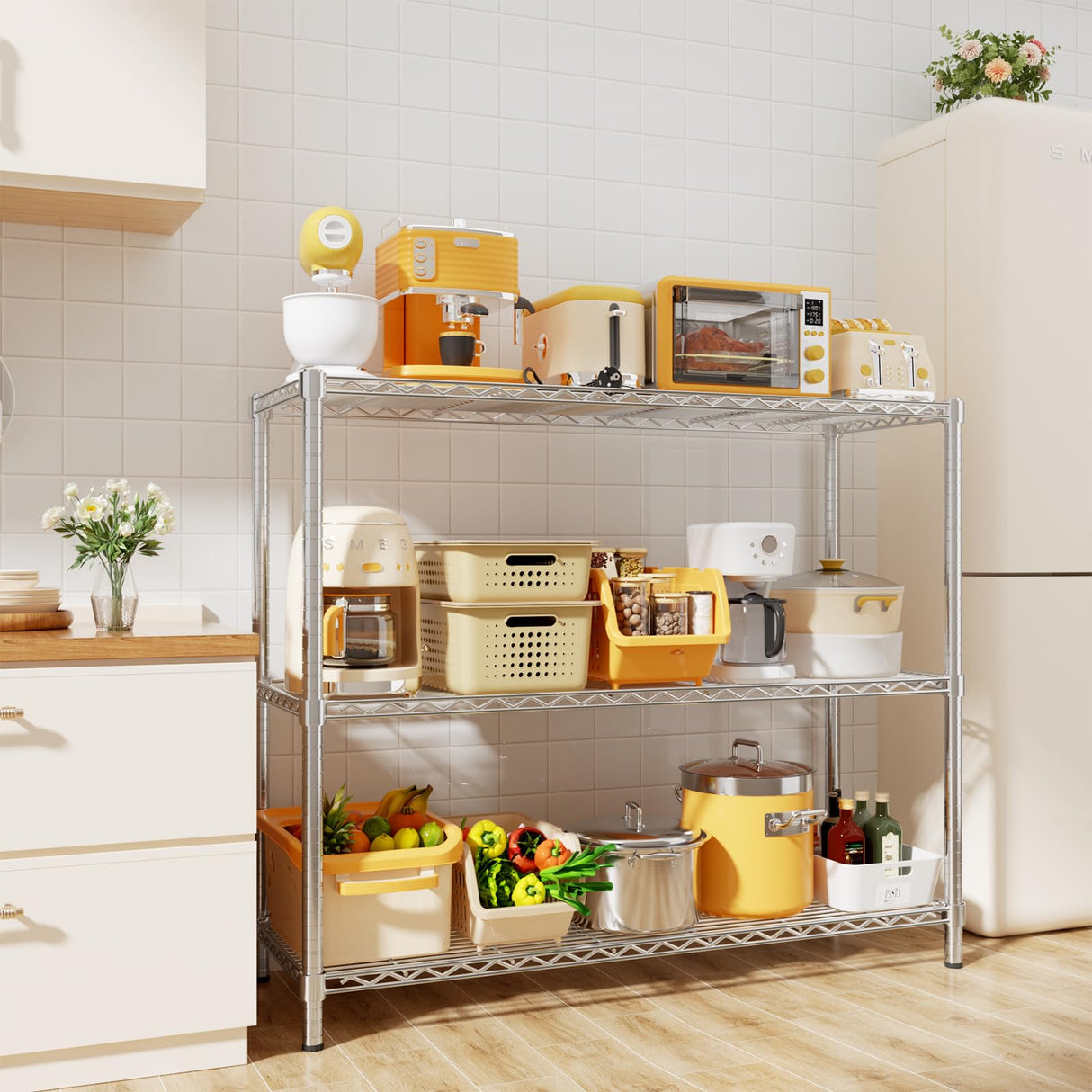 MODCART Storage Shelves, 48" L x 20" W x 47" H Heavy Duty Garage Wire Shelving Unit Loads 1200LBS, 3-Tier Adjustable Metal Industrial Utility Shelf Rack for Kitchen, Laundry Room, Basement MODCART