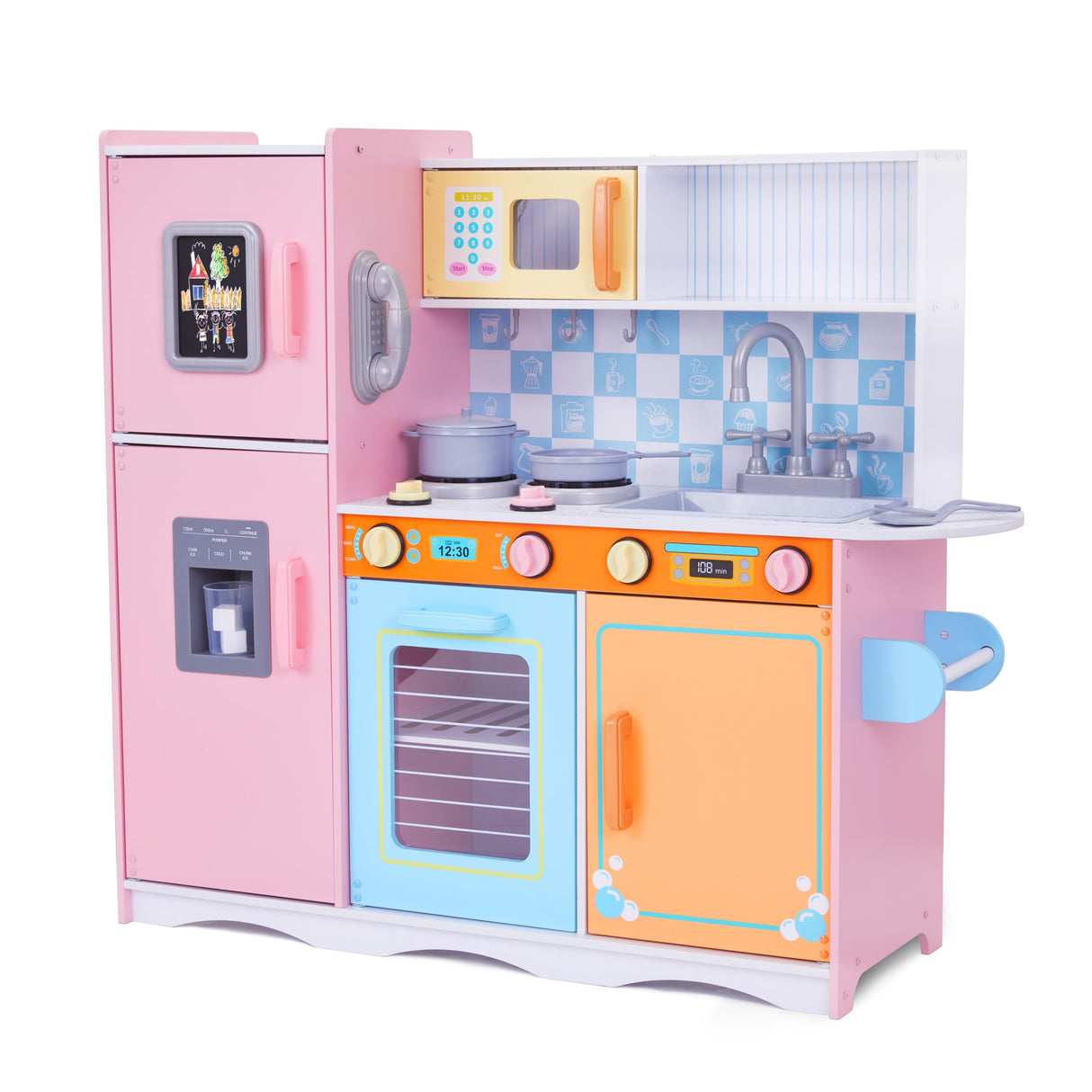 Lil' Jumbl Kids Kitchen Set, Pretend Wooden Play Kitchen with Chalk Board, Play Phone, Towel Rack & Ice Dispenser, Clicking Knobs, Pots & Utensils Included - Colorful Lil' Jumbl