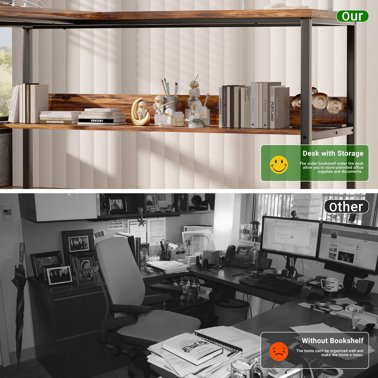 Unikito L Shaped Computer Desk with Magic Power Outlets and USB Charging Ports, Sturdy Reversible Corner Desk with Storage Shelves, Modern Work Desk for Home Office, Easy to Assemble, Rustic Brown Unikito