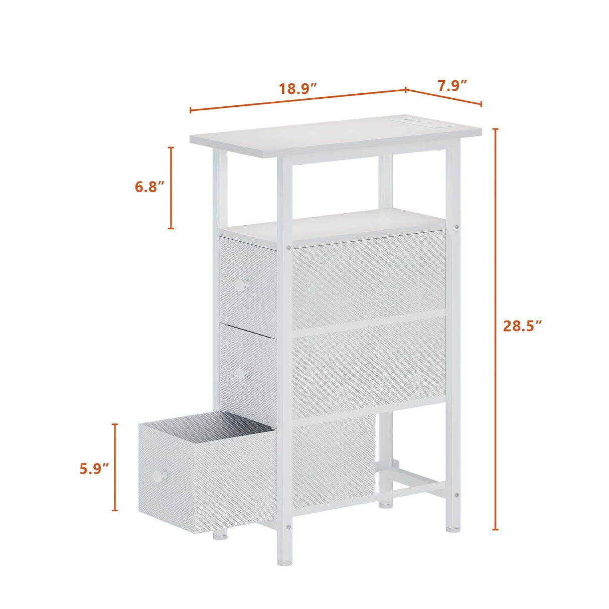 TRIFEBLE End Table with Charging Station, Narrow Side Table with 3 Fabric Drawers, Skinny Nightstand with LED Light, Slim Bedside Table for Bedroom, Living Room, Small Spaces, White TRIFEBLE