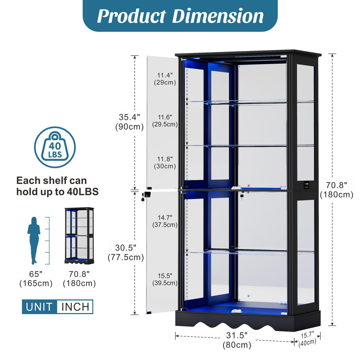 Dystler Display Cabinet with Glass Doors, 71'' Tall Curio Cabinet with RGB Lights for Collectibles, LED Display Case with Removable Shelf for Book/Medal/Figure, Black Dystler