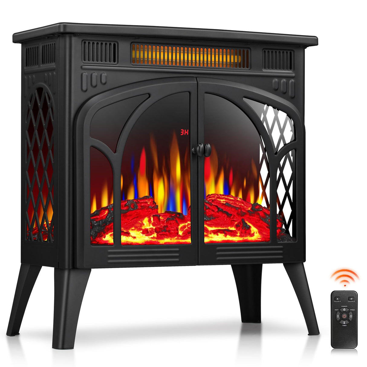 ZAFRO 24-inch Electric Fireplace Heater, 5100 BTU Freestanding Portable Electric Fireplace Stove with Remote Control & Timer, Adjustable Flame Color, 500W/1500W, Black ZAFRO