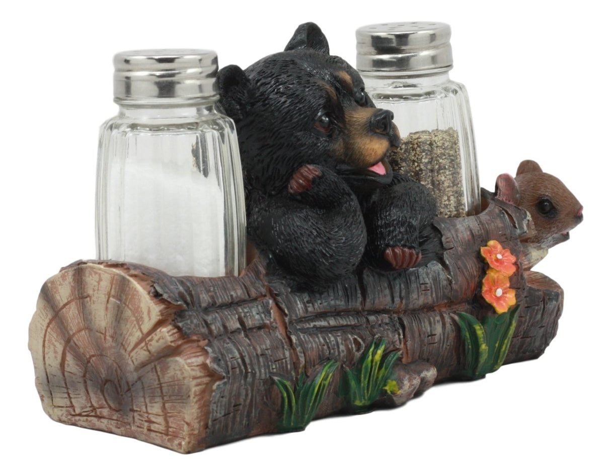Ebros Black Baby Bear Cub Sitting In Log With Squirrel Salt And Pepper Shakers Holder Statue 6.75"Long Cabin Lodge Whimsical Bear Dining Table Centerpiece Ebros Gift