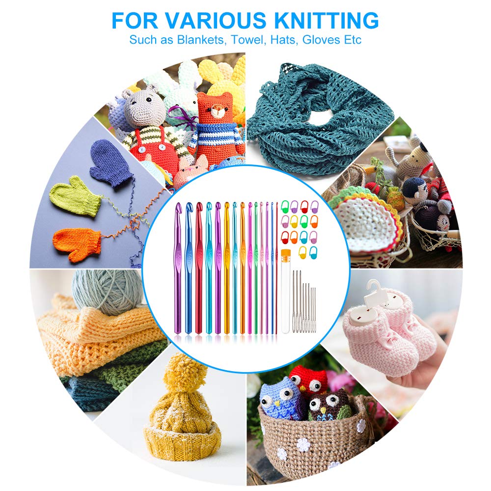 Vodiye 37 PCS Crochet Hooks Set, High Quality Coloured Aluminum Ergonomic Handle Crochet, Hook Needles for Arthritic Hands, with Stitch Markers and Large-Eye Blunt Needles Vodiye