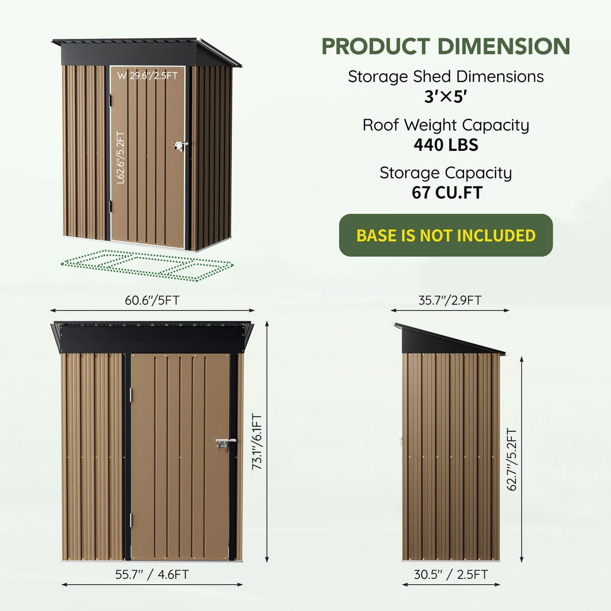 Grovellis 3x5 FT Outdoor Metal Storage Shed, Single Door, 1 Clear Window, Tool Shed for Garden, Patio, Backyard Brown Grovellis