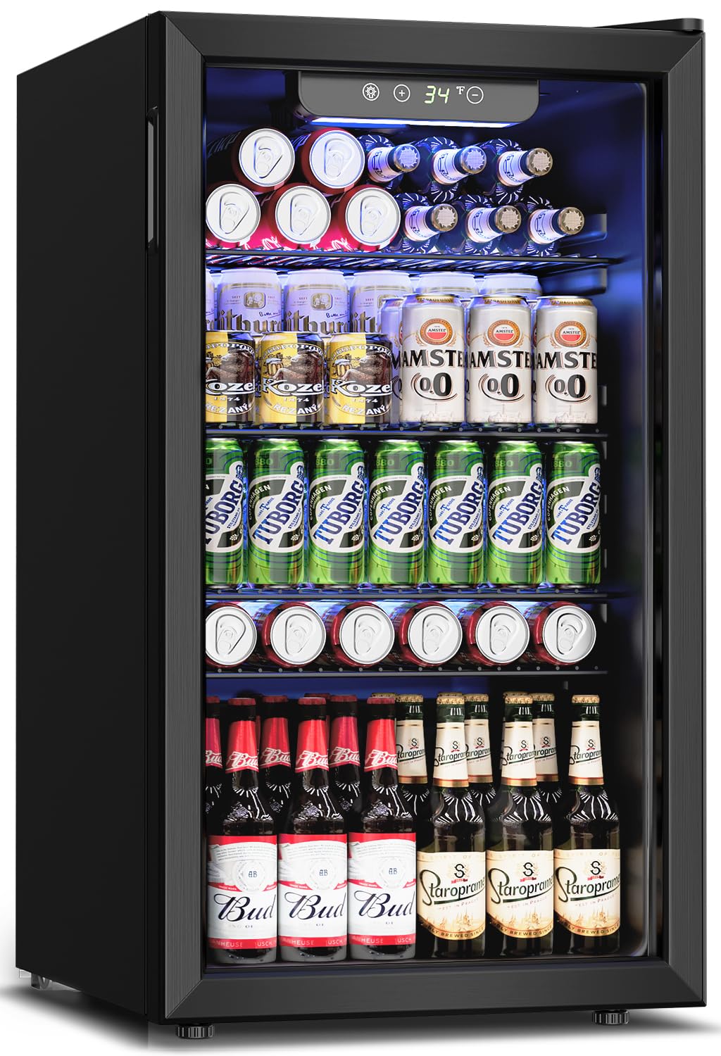 Feelfunn Beverage Refrigerator and Cooler - 126 Can Mini Fridge Glass Door for Soda Beer Wine - Freestanding Beverage Fridge for Bedroom Office Bar, 4 Adjustable Shelves, 3.2 Cu.Ft, Black Feelfunn