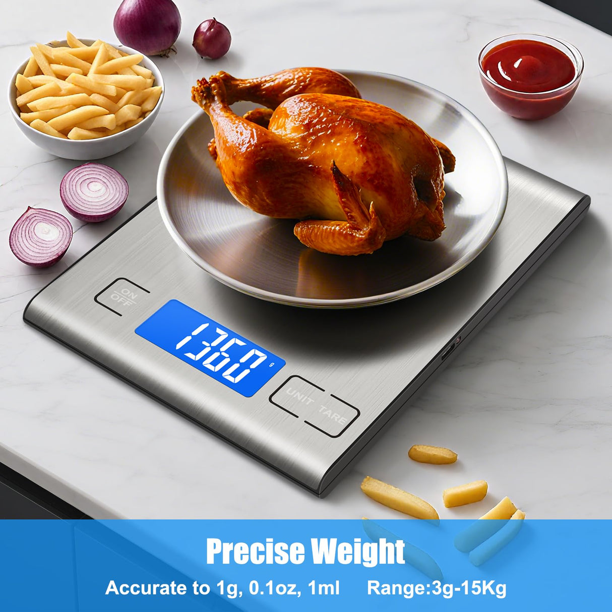 33lb Rechargeable Food Scale, Diyife 304 Stainless Steel Digital Kitchen Scale with 3 Buttons, Weight Grams and Ounces for Baking, Cooking, 5 Units with Tare Function, LCD Display, 2 AAA Batteries Diyife