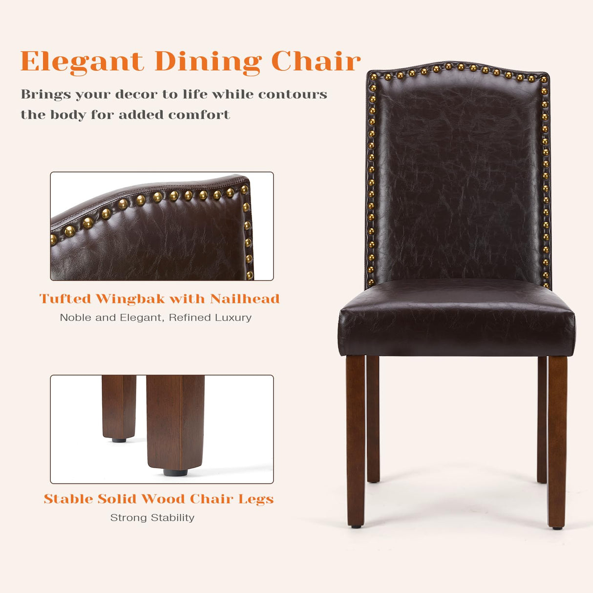 Sweetcrispy Dining Chairs Set of 6, Upholstered Leather Kitchen Room Chairs Mid Century Modern High-End Dining Room Side Chairs with Nailhead Trim and Wood Legs for Bedroom, Living Room, Brown Sweetcrispy