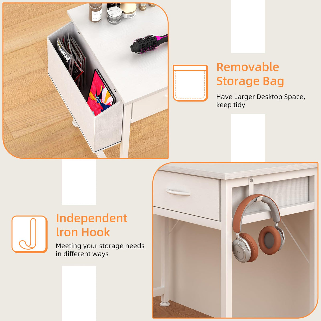 CAIYUN Small Desk with Fabric Drawers, 32 Inch White Vanity Desk for Bedroom, Home Office Computer Desk for Small Space, Modern Work Laptop Study Table, Kids Writing Desk with Storage Bag & Hook CAIYUN