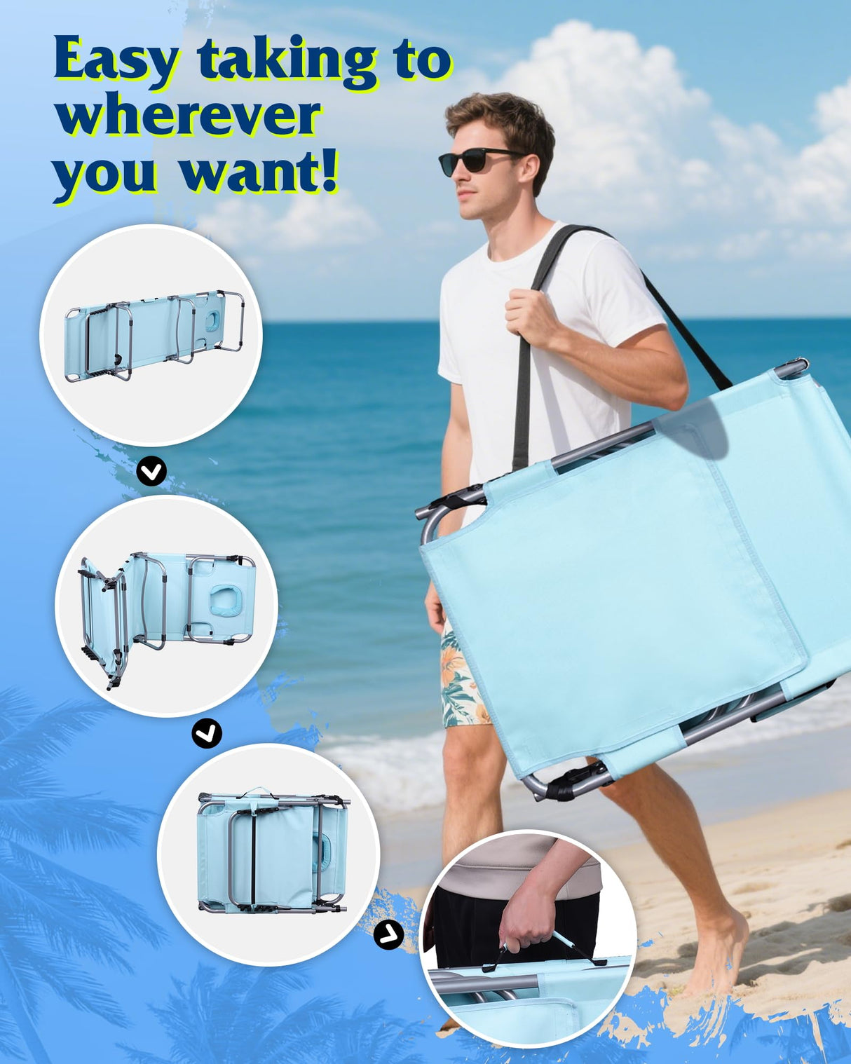 WLIVE Outdoor Tanning Chair, 5-Position Folding Beach Chair with Face Hole, Portable Patio Lounge Chair for Beach, Pool,Camping, Light Blue WLIVE