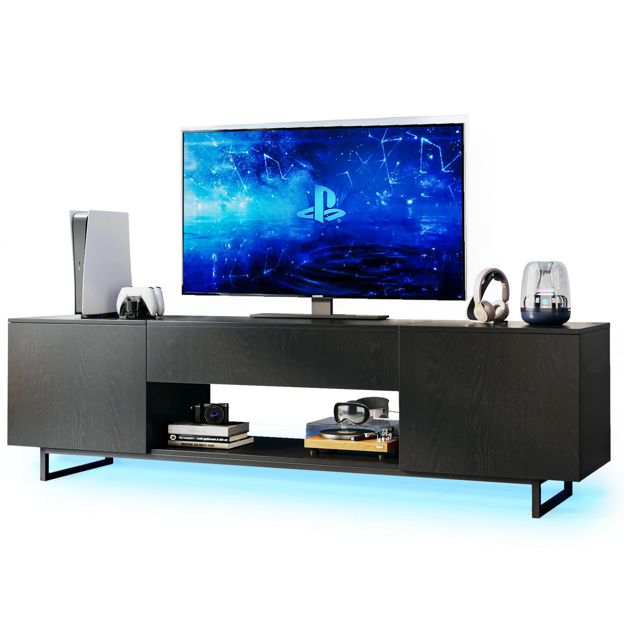 TV Stand for 75 inch TV, Entertainment Center with LED Light, Modern Wood TV Console with Texture Entertainment Stand with Highlight Storage Cabinet for TVs Up to 70-80" Black HUAHUU