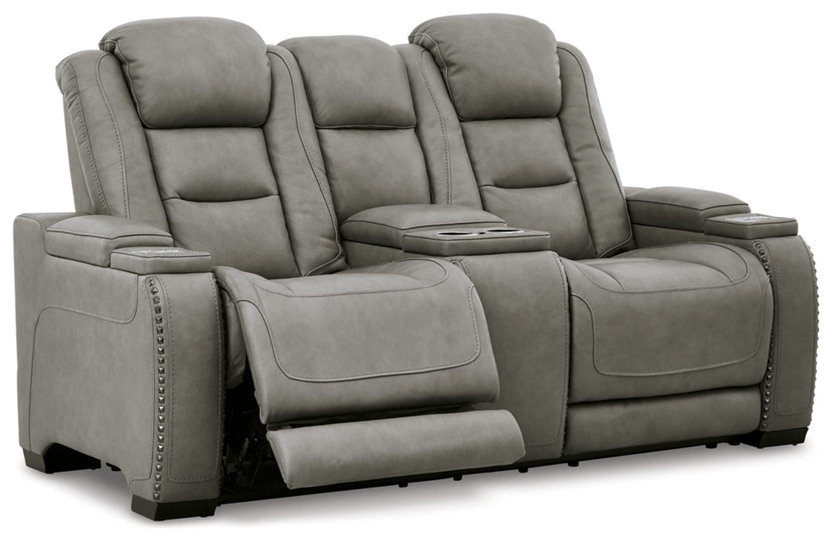 Signature Design by Ashley The Man-Den Leather Power Reclining Loveseat with Center Console, Adjustable Headrest & Wireless Charging, Gray Signature Design by Ashley