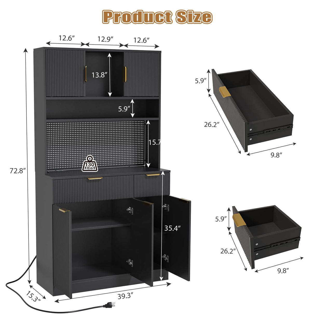 Buenhomino Kitchen Pantry Cabinet with Storage & Pegboard, 71" Tall Hutch Storage Cabinet with Power Outlets, Freestanding Food Pantry Cabinet with Microwave Stand Spice Rack for Dining Room - Black Buenhomino