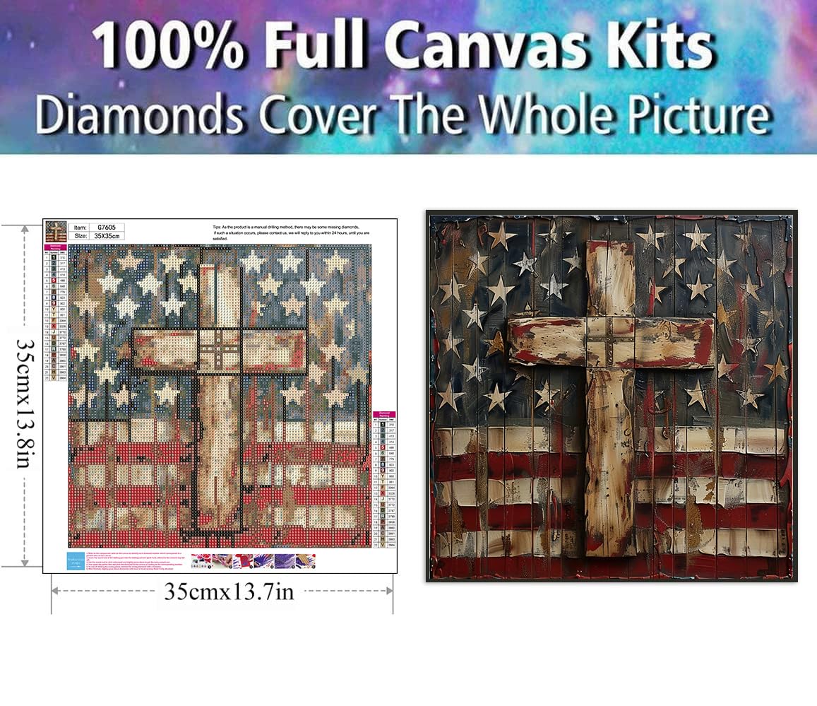 Patriotic American Flag Cross 5D Diamond Painting Kits for Adults Beginners, Independence Day Full Round Drill Diamond Art Kits, Paint by Diamonds Dot Gem Art Crystal, for Home Wall Decor 14X14Inch Clendo