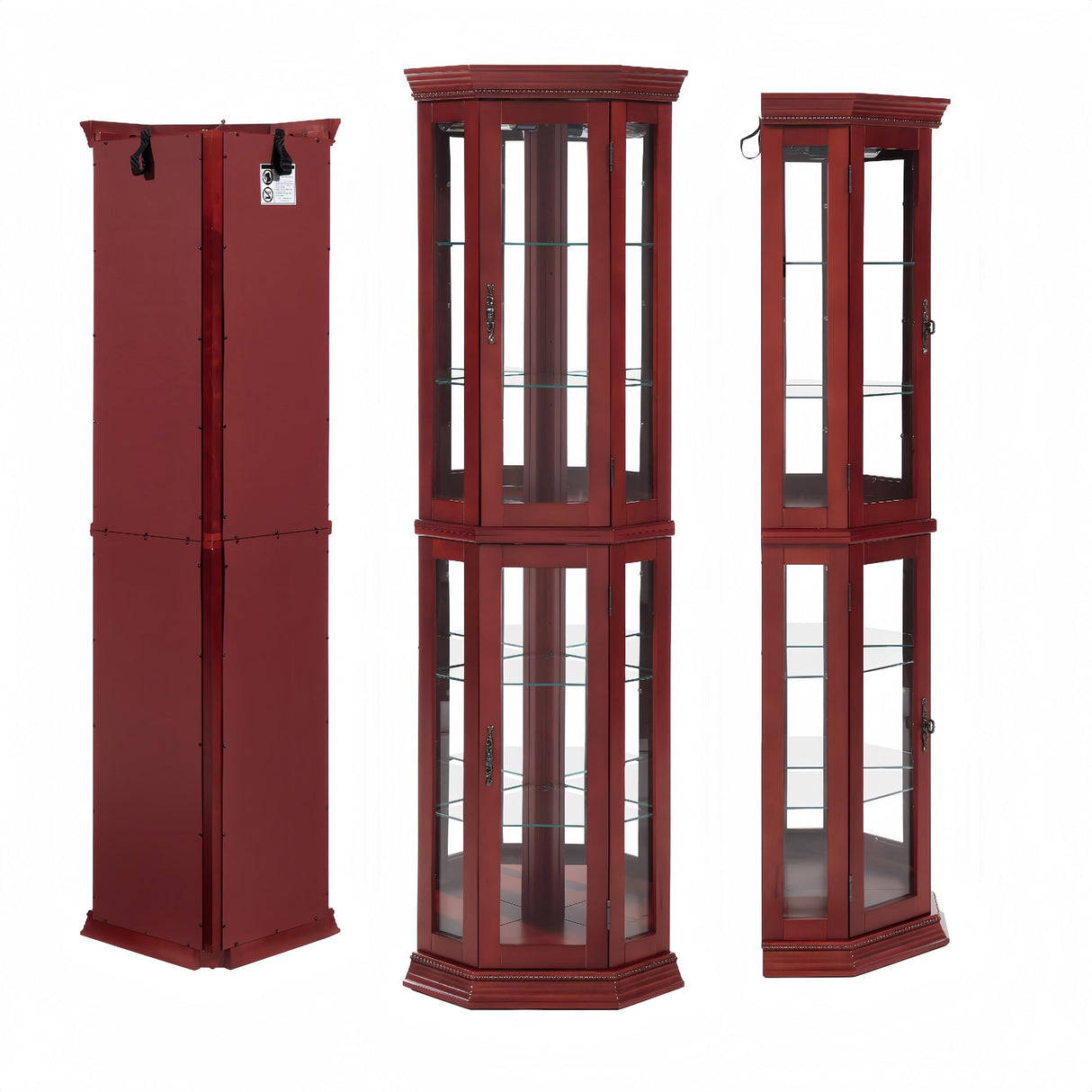 QSOSTNS Lighted Corner Display Curio Cabinet, Curved Wood Corner Cabinet with Tempered Glass Doors and Shelves for Living Room (Cherry) QSOSTNS