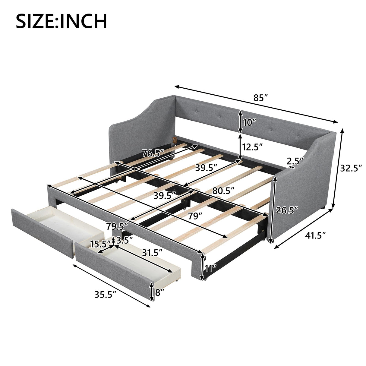 Merax Linen Upholstered Daybed with Trundle and 2 Storage Drawers, Twin XL to King Size Wooden Bed Frame & Buttoned Back for Living Room,Guest Room, No Box Spring Needed, Easy Assembly, Gray Merax
