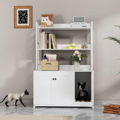 GAOMON Cat Litter Box Enclosure, with 2 Storage Shelves, Hidden Cat Furniture with 2 Doors and Scratch Pad, Indoor Cats House Kitty Box Washroom Cats Bookshelf Cabinet - White