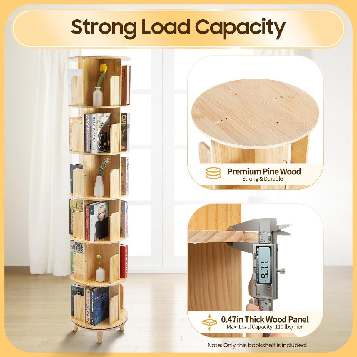 HAOREBAIYU 6-Tier Rotating Pine Wood Bookshelf - Multi-Functional 360° Revolving Storage Rack for Home & Office HAOREBAIYU