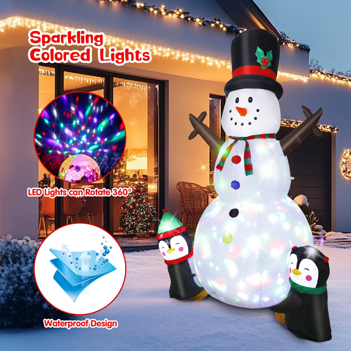 Dawdix 8FT Christmas Decs Inflatable Snowman, Christmas Blow Up Yard Decs Snowman with Penguins, Built-in Colorful Rotating LED Lights, for Holiday Xmas Party Garden, for Him, Her Dawdix