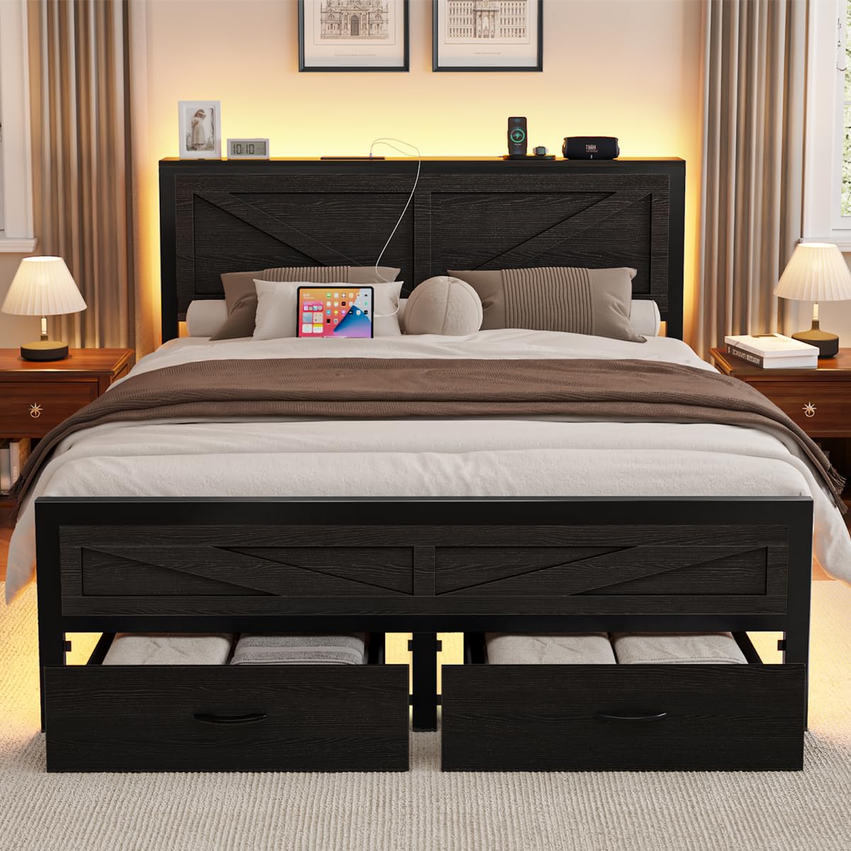 Siihnon Rustic Full Size Bed Frame with Storage Drawers and Barn Door Headboard, Farmhouse LED Bed Frame Full with Charging Station, Metal Industrial Platform Bed Frames, No Box Spring Needed, Black Siihnon