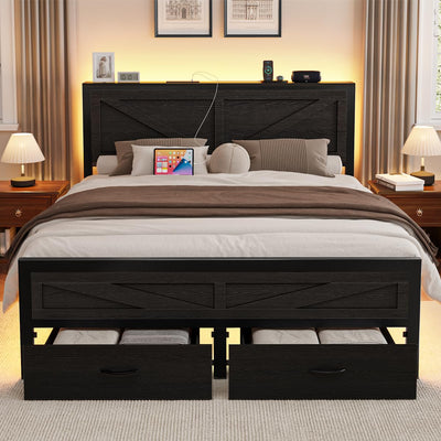 Siihnon Rustic Full Size Bed Frame with Storage Drawers and Barn Door Headboard, Farmhouse LED Bed Frame Full with Charging Station, Metal Industrial Platform Bed Frames, No Box Spring Needed, Black
