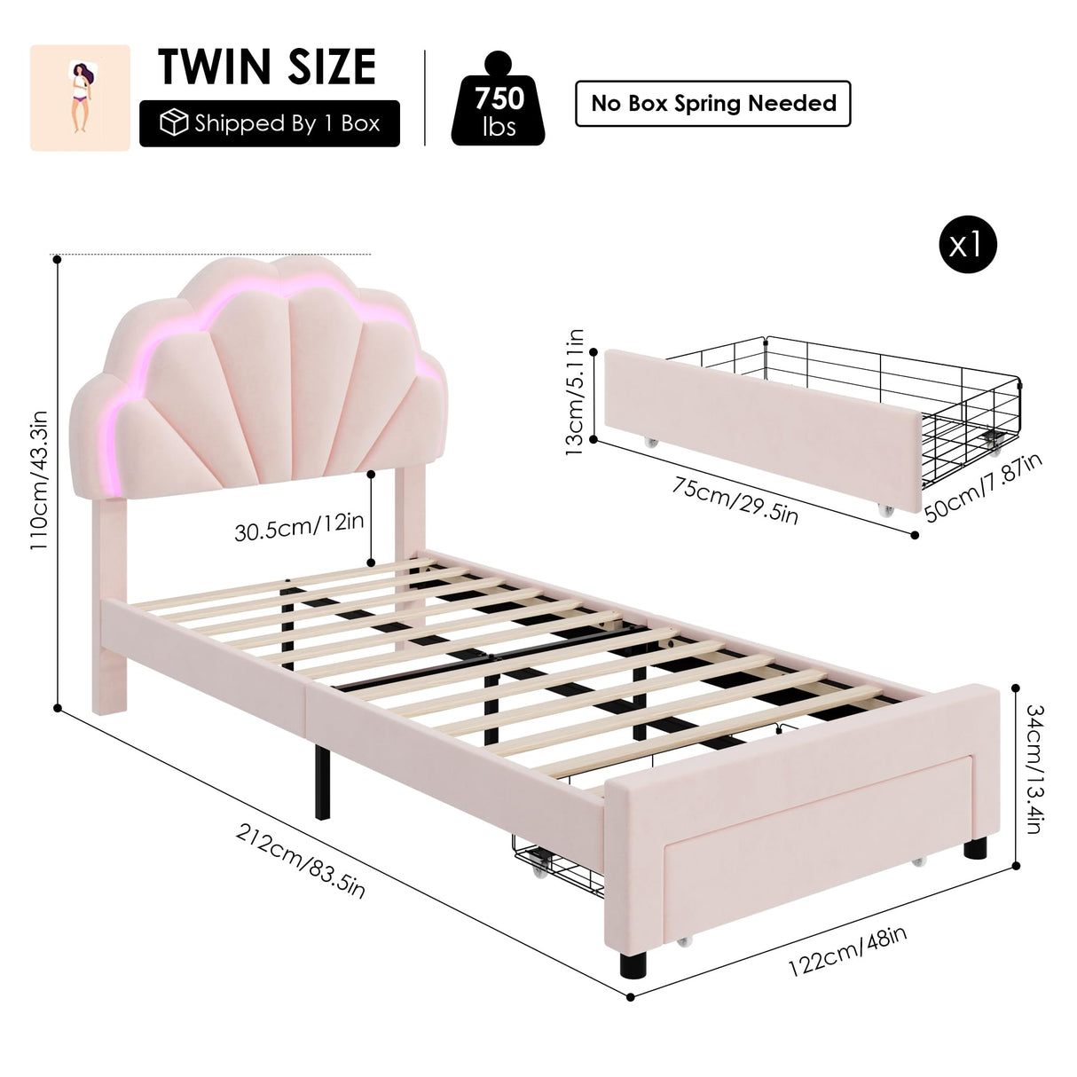 HIFIT Twin Upholstered Smart LED Bed Frame with Storage Drawer and Adjustable Chic Double Petal Headboard, Princess Platform Bed for Girls/Kids, Solid Wood Slats Support, No Box Spring Needed, Pink HIFIT