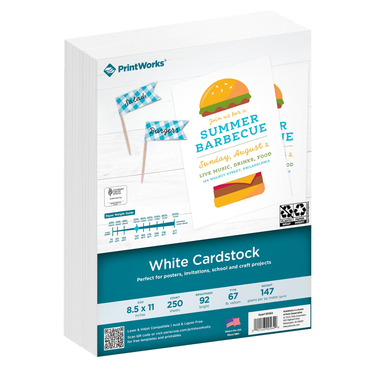 Printworks White Cardstock, Standard, 67 lb. Vellum, 92 Bright, 250 sheets, 8.5 x 11, For Office, Home & School Printing, Craft Projects (00564) PrintWorks