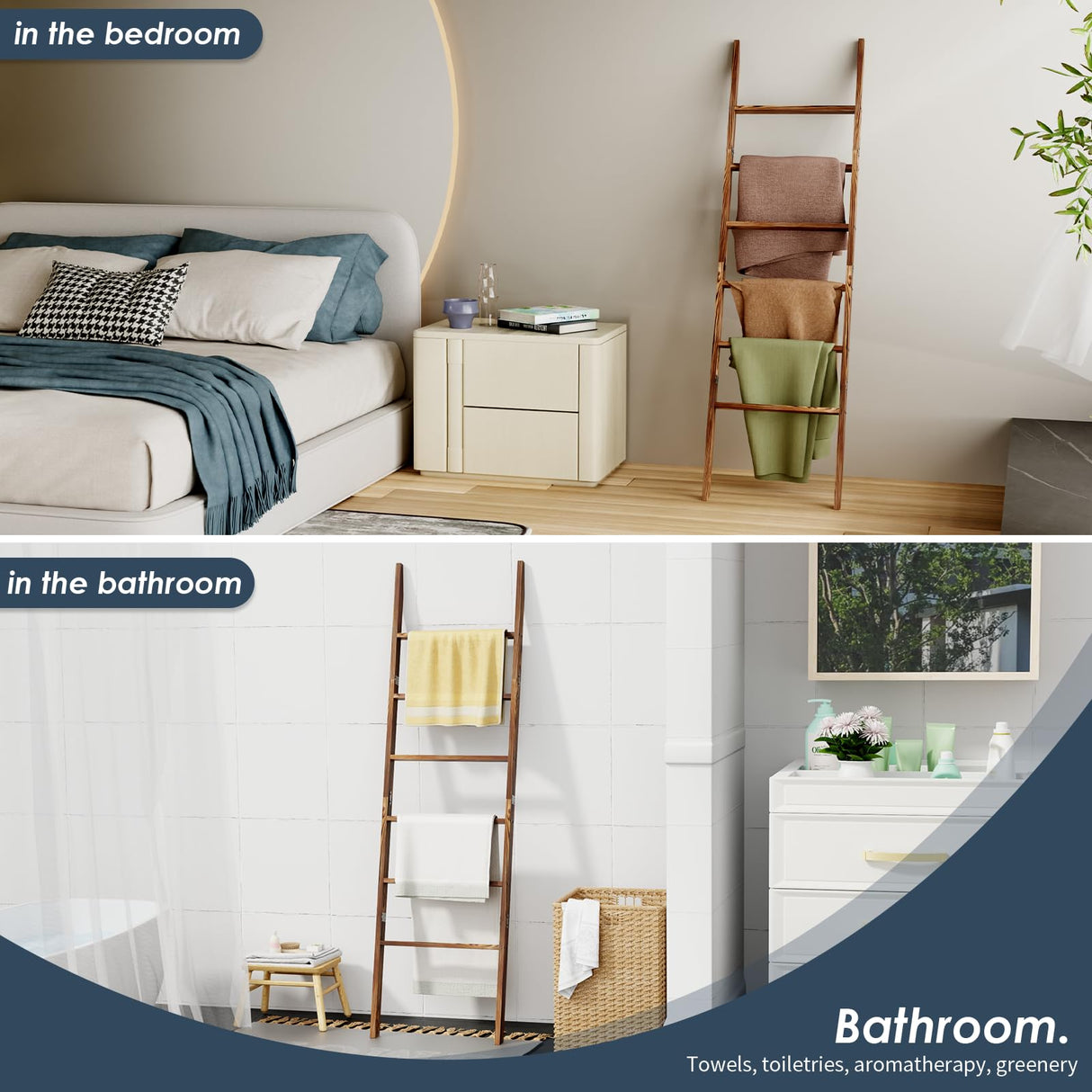 6-Tier Blanket Ladder Wooden, 5.7FT(66.5'') Blanket Quilt Towel Holder Rack Decorative Ladder, Easy Assembly, Rustic Farmhouse Ladder Shelf for The Living Room Bedroom Bathroom Home Decor, Brown Delywh