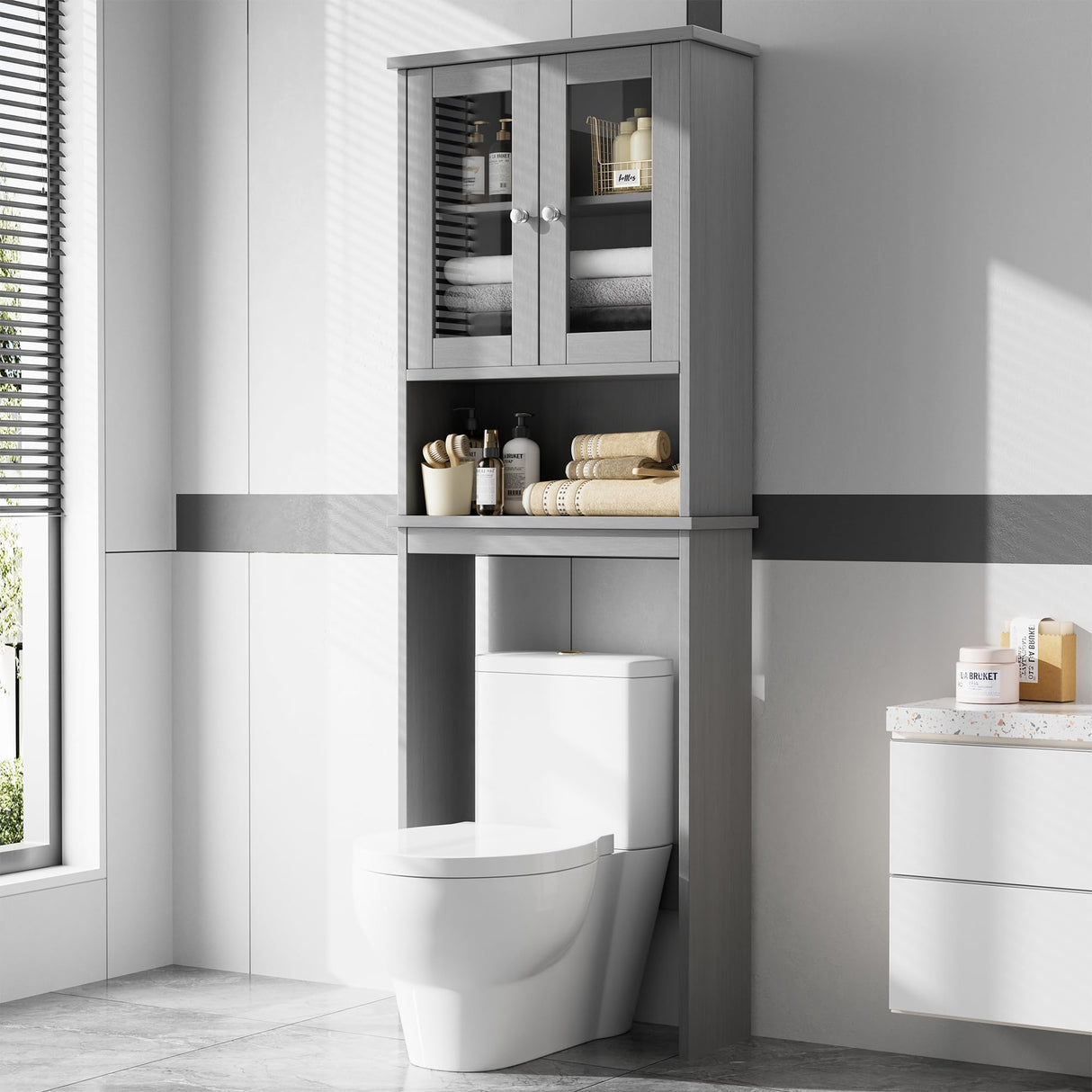 Meilocar Over The Toilet Storage Cabinet, Bathroom Storage Cabinet Over Toilet, Space Saver with 2 Tempered Glass Doors, Grey Meilocar