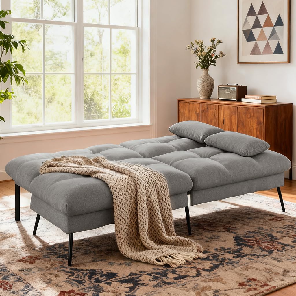 COMHOMA Convertible Sofa Bed,72″Fabric Couch with Adjustable Backrest,Loveseat Recliner Sleeper Living Room Furniture futon Set (Grey) COMHOMA