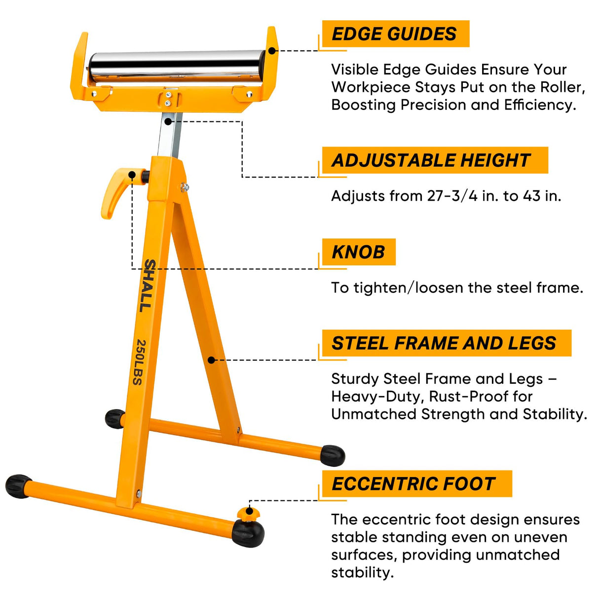 SHALL 2-Pack Folding Roller Stand - Heavy Duty 250 LBS Load Capacity - 27.8-43'' Adjustable Height - for Table Saw Outfeed Woodworking SHALL