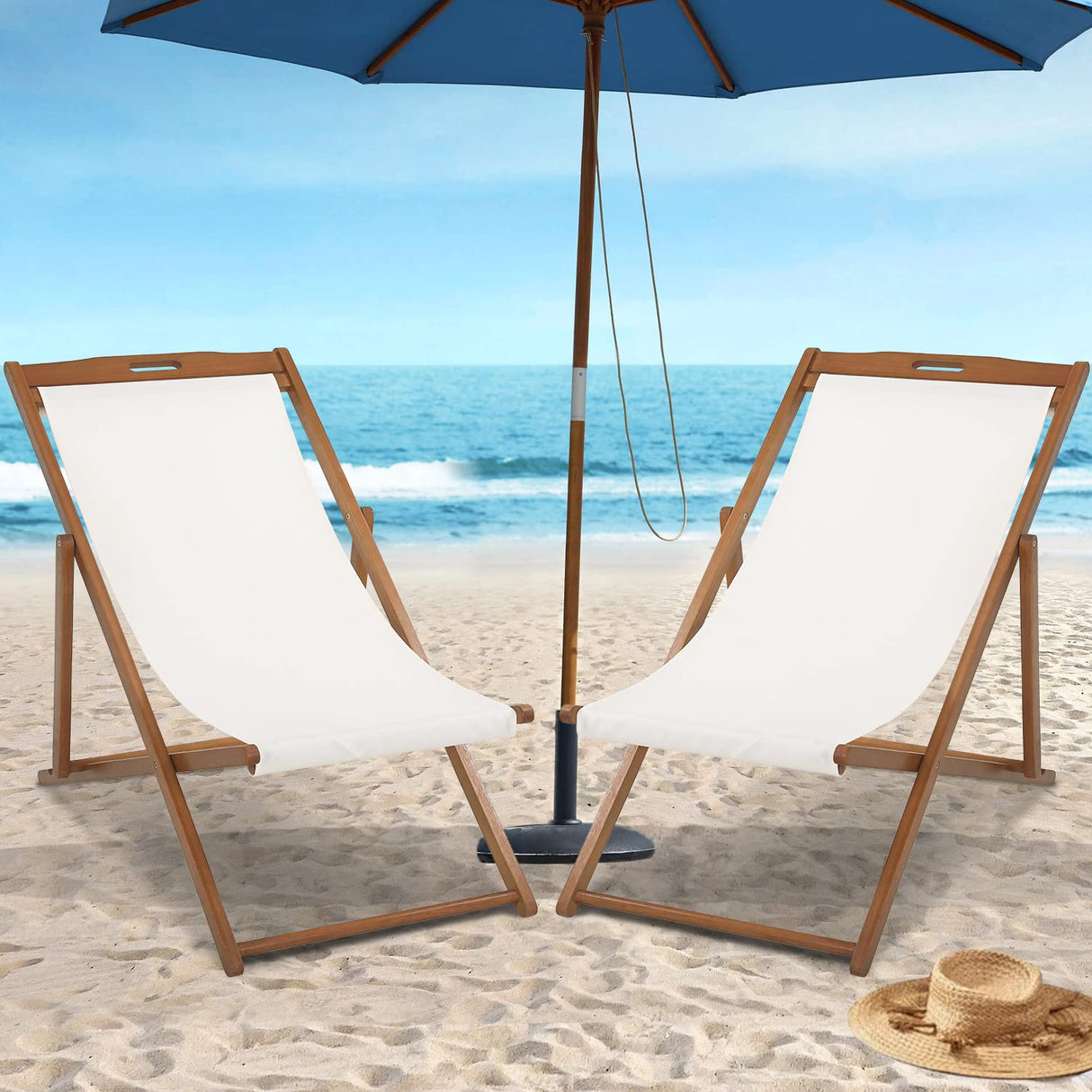 Dkeli Beach Sling Chairs Set of 2 Outdoor Folding Portable Beach Chairs with Solid Wooden Frame and Polyester Canvas Reclining Adjustable Patio Lounge Chair for Yard Pool Balcony Garden Dkeli