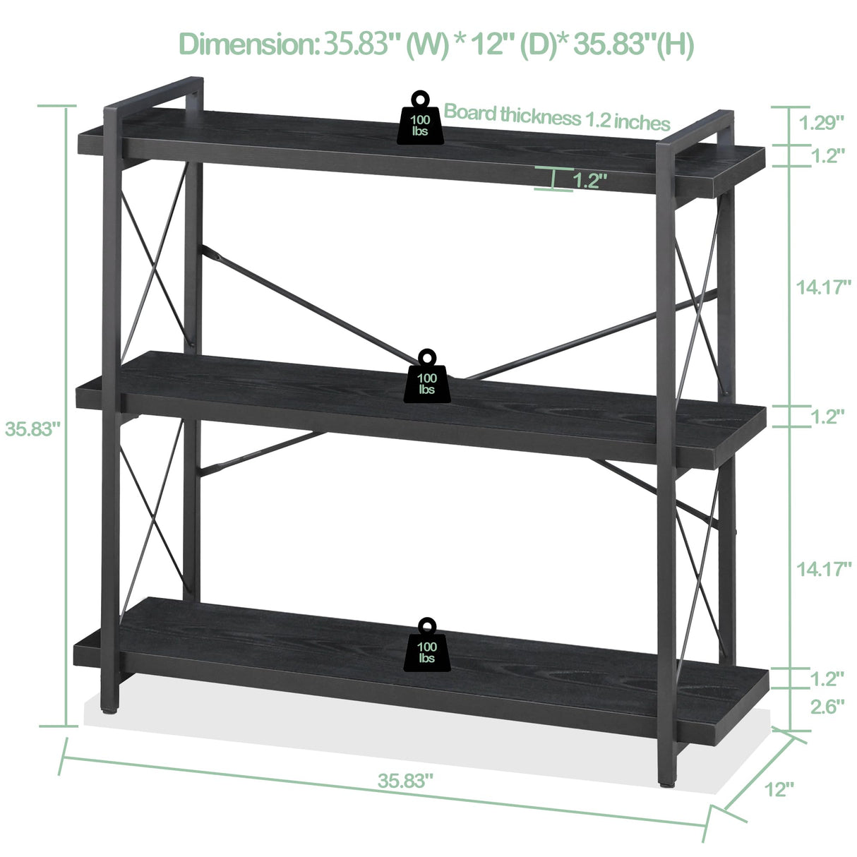 HCHQHS Bookshelf, 3-Tier Industrial Bookcase, Black Open Book Shelf, Freestanding Horizontal Bookshelves with Metal Frame HCHQHS