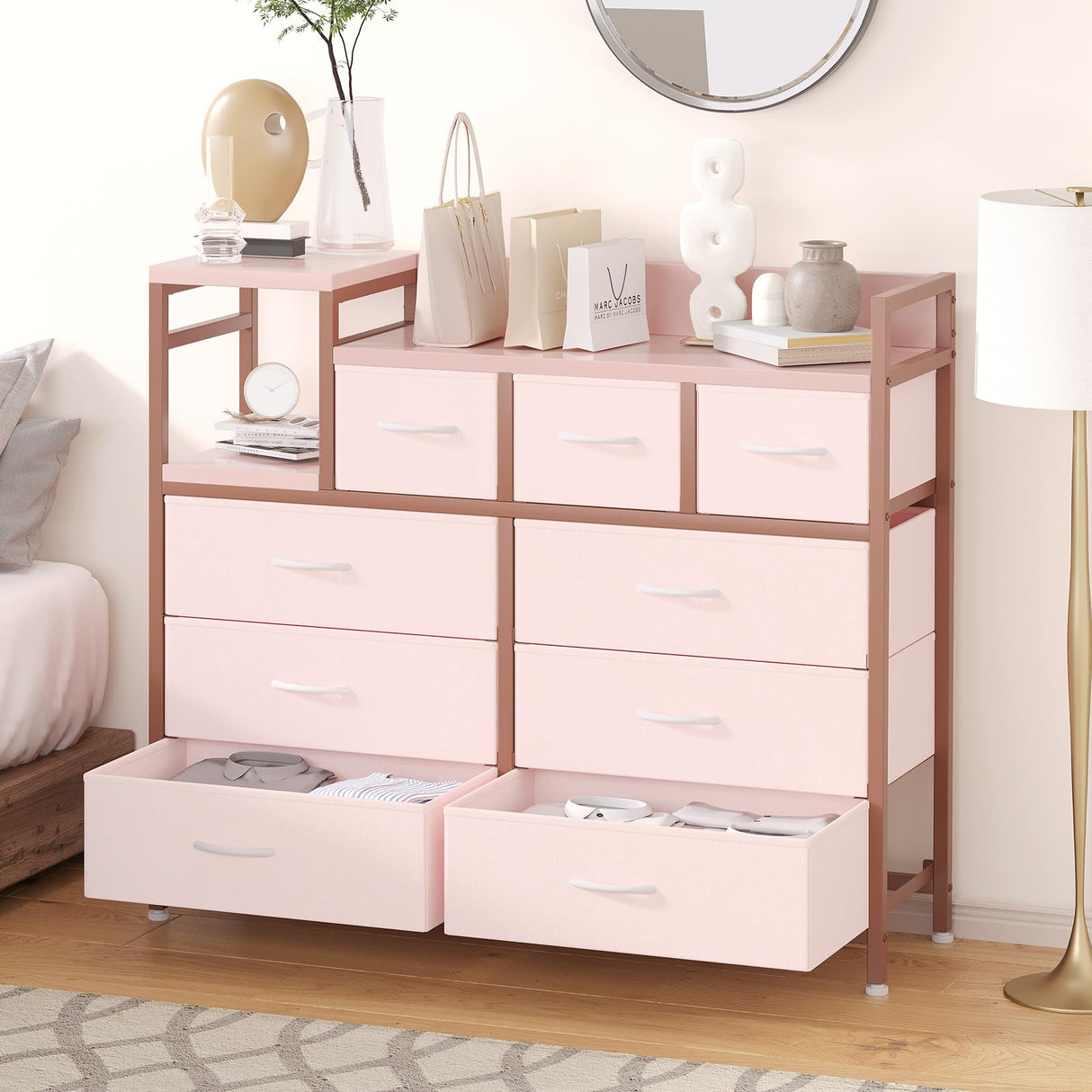 Klysiora Dresser Bedroom Dresser with 9 Drawers Tv Stand with Charging Stand Modern Design Fabric Chest of Drawers for Living Room Bedroom - Pink Klysiora
