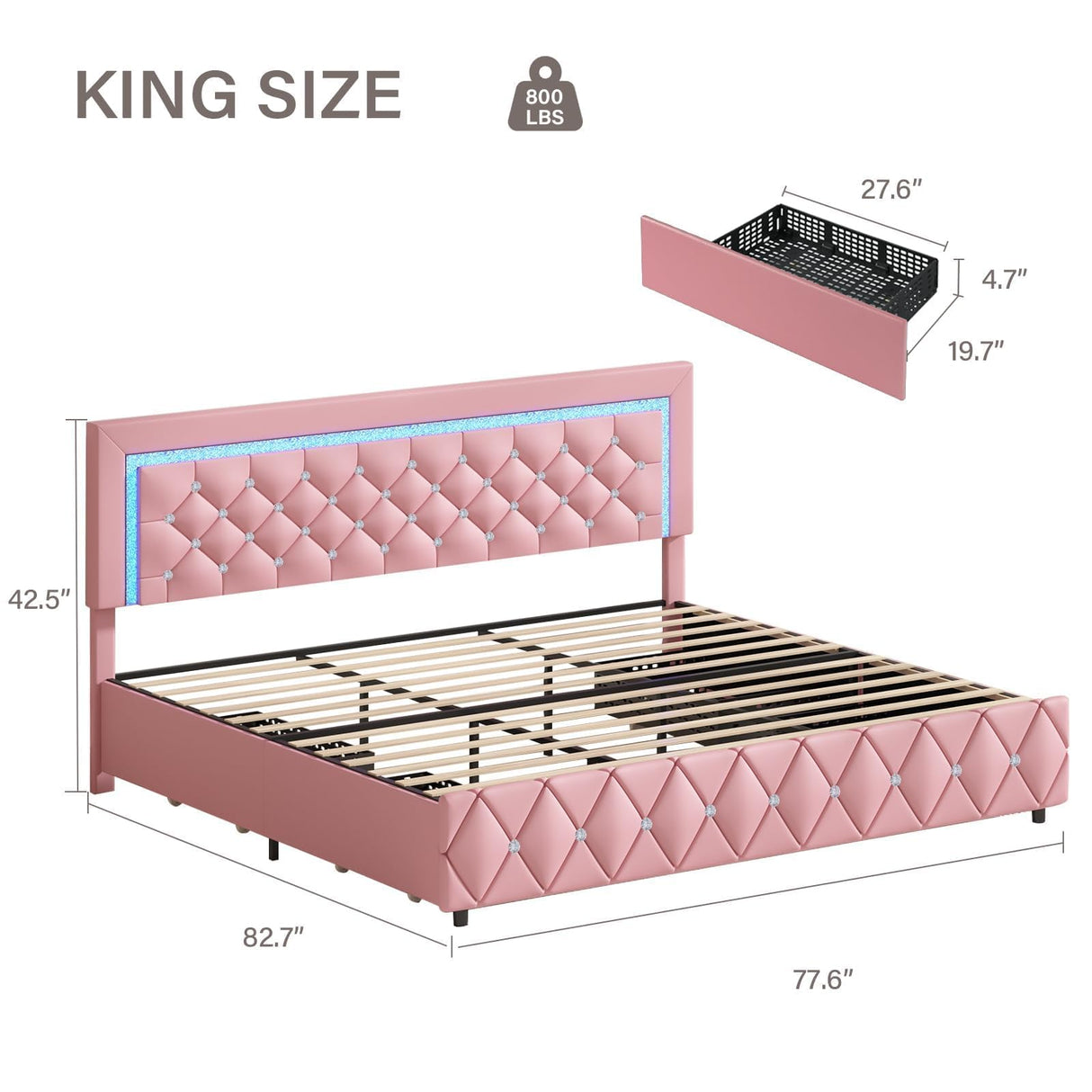 Pink King Size Bed Frame with LED Lights, Upholstered Platform Bed with Diamond Tufted Headboard, Princess Bed Frame with Storage Drawers, Wooden Slats Support, No Box Spring Needed, Easy Assembly BarnFurin