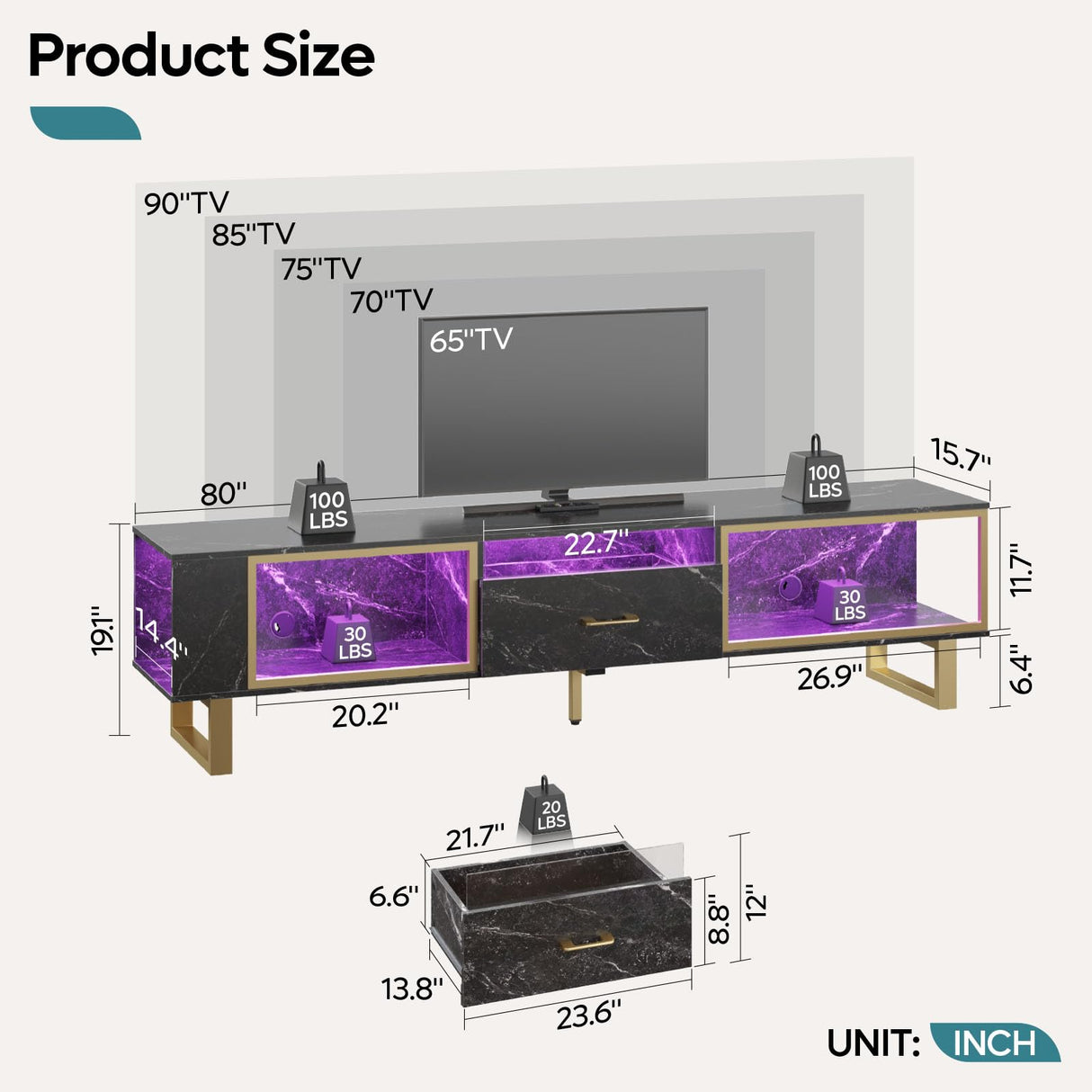 Bestier 80 Inch TV Stand for 65/75/85/90 Inch TVs, LED Gaming Entertainment Center with Open Storage and Half-Glass Design Drawer, Modern High Gloss Media Console for Living Room Bedroom, Black Marble Bestier