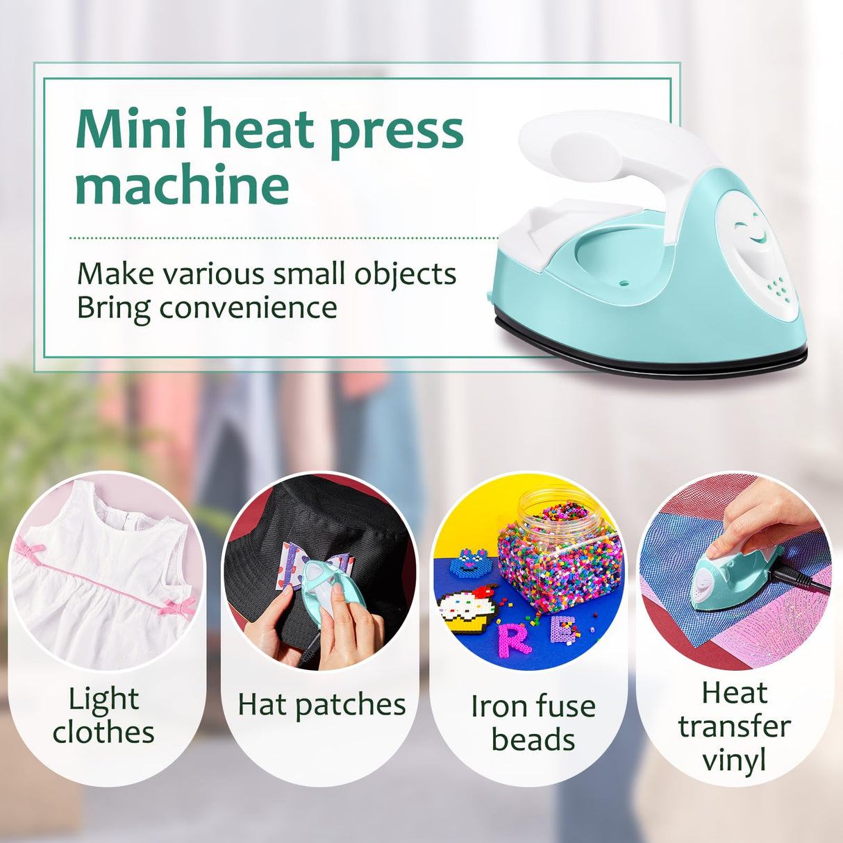 Honoson Mini Craft Iron Mini Heat Press Small Iron Portable Handy Tiny Flatiron with Charging Base Accessories for Fuse Beads Patch DIY Shoes T-Shirts Heat Transfer Vinyl Projects(Mint Green) Honoson