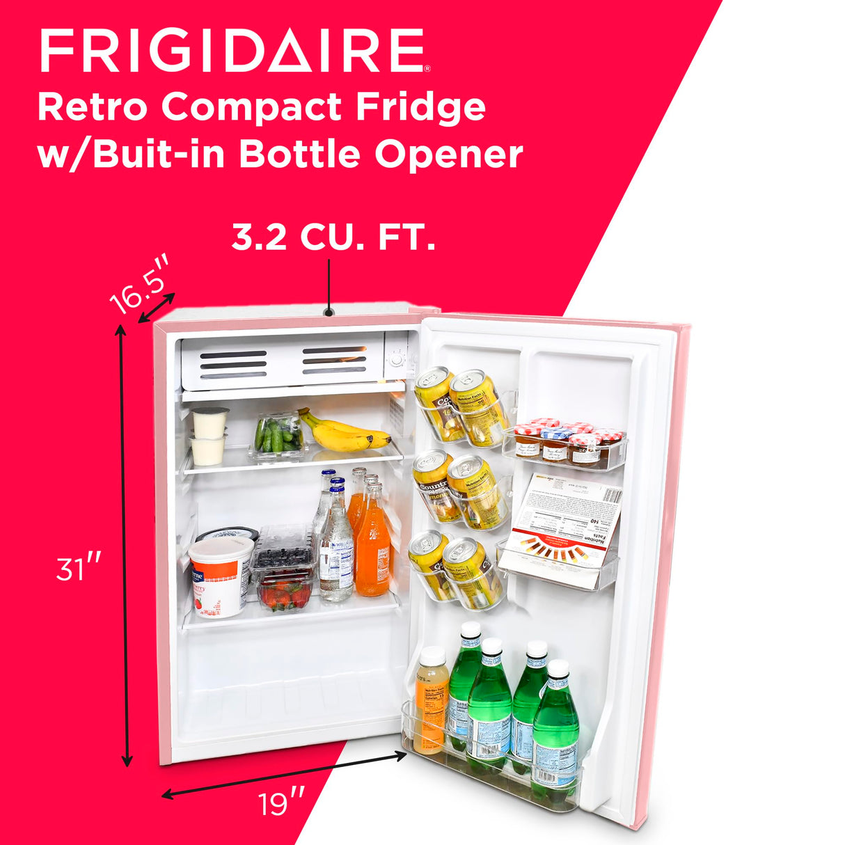 Frigidaire Retro Compact Fridge with Chiller, 3.2 cu ft Countertop Fridge with Built-In Bottle Opener, Compact Refrigerator for Office, Bedroom, Dorm Room or Cabin - 16.5"D x 19"W x 31"H (Pink) Frigidaire