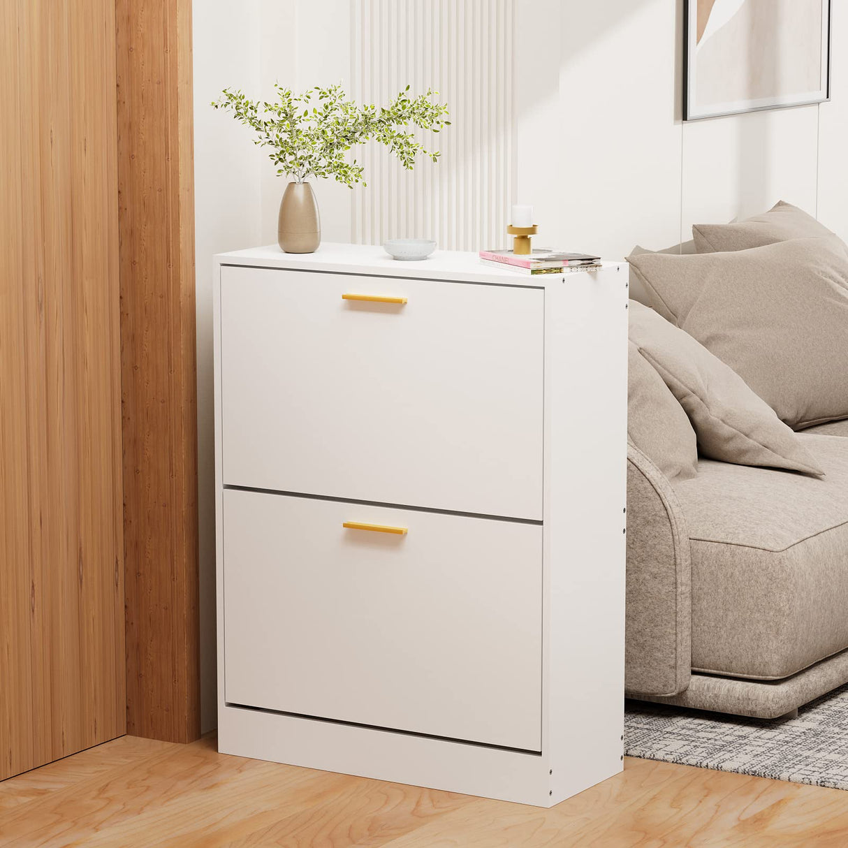 JOZZBY Shoe Cabinet Storage for Entryway, Slim White Hidden Shoe Organizer Cabinet with 2 Flip Drawers, Wooden Narrow Shoe Rack with 2 Tier Freestanding for Hallway, Living Room JOZZBY