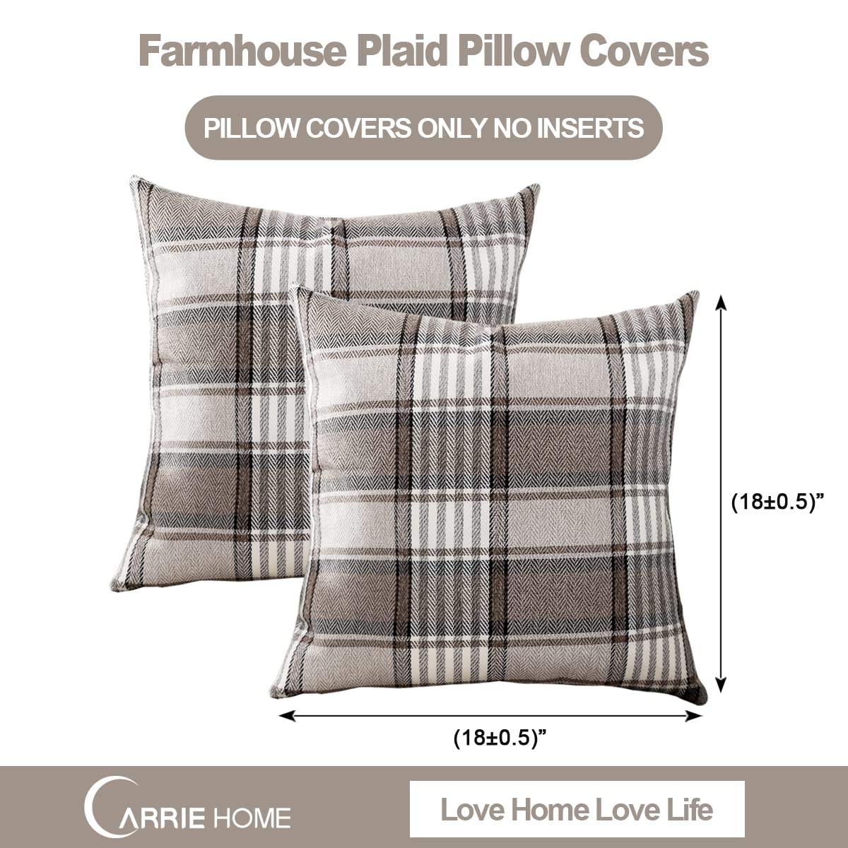 CARRIE HOME Brown Plaid Pillow Covers 18x18 Set of 2 Farmhouse Plaid Decorative Throw Pillows for Living Room Couch Sofa CARRIE HOME