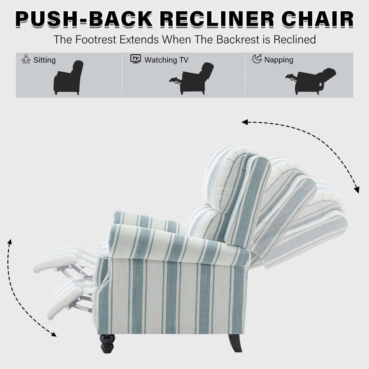 UIXE Pushback Recliner Chairs Set of 2, Fabric Armchair Push Back Accent Chair, Rivet Trim Club Chair Home Theater Overstuffed Single Sofa Reading Seat for Living Room, Stripe Blue UIXE