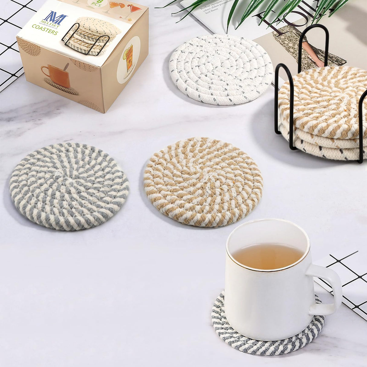 MeltsetM Coasters for Drinks Absorbent Woven Coaster Set with Holder Farmhouse Cute Cloth Fabric Cup Coasters for Coffee Table Office Desk, Handmade Boho Decor Tabletop Protection, 8 Pack Meltset M