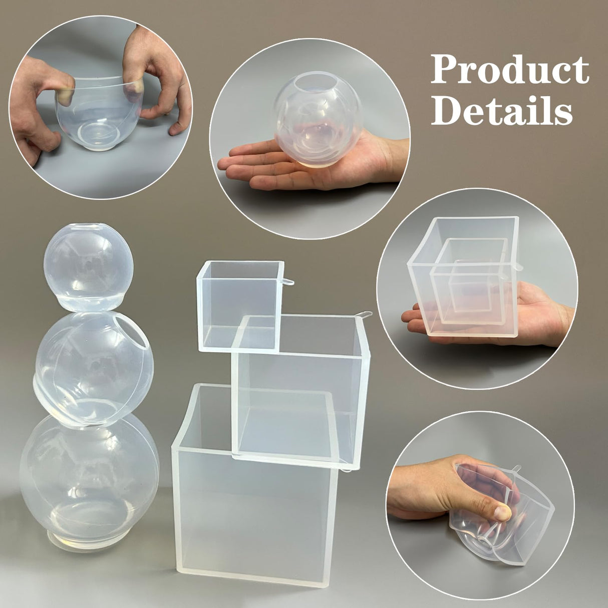 Voaesdk 6 Pcs Clear Resin Molds Silicone Set, Transparent Seamless Sphere and Deep Cube Silicone Molds, Large Ball Square Epoxy Resin Molds for Flowers Preservation Home Decor Voaesdk
