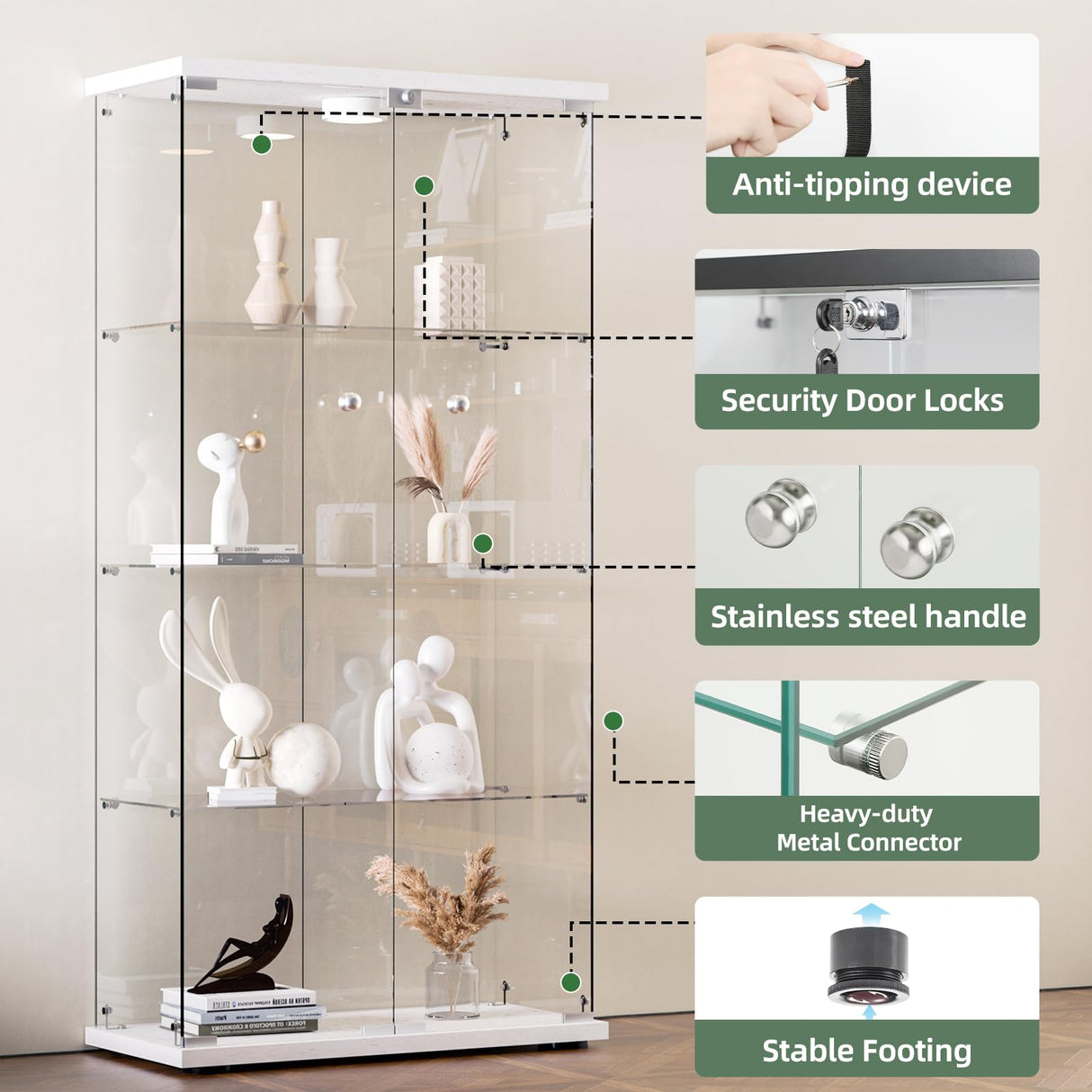 HAMBING Glass Display Cabinet with LED Lights and Lock, 4-Shelf Tempered Glass Curio Cabinet with 2 Doors, Collectible Display Showcase for Living Room, Bedroom – White HAMBING