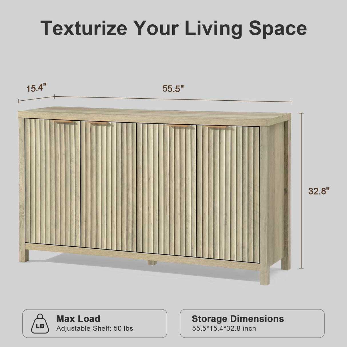 OAKHAM HOME Oxford 4 Door Storage Cabinet Fluted Sideboard Large Buffet with Adjustable Shelves, Multifunctional Accent Cabinet Console Cabinet for Living Room (Sunwashed Ash Oak) OAKHAM HOME